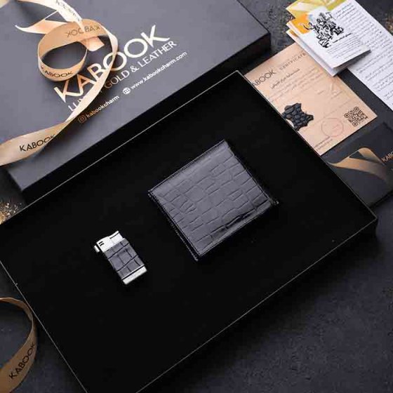 ست هدیه چرم کیف جیبی و فندک مشکی