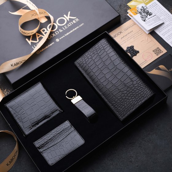 ست هدیه چرم کیف کتی و جاکلیدی و کیف کارت و کیف جیبی مشکی