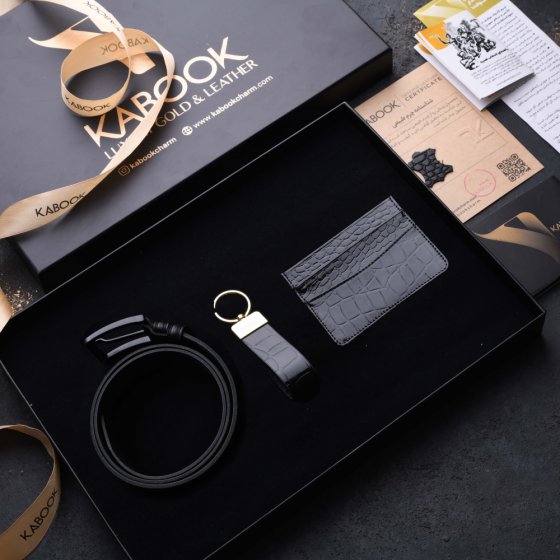 ست هدیه چرم کمربند و جاکلیدی و کیف کارت مشکی