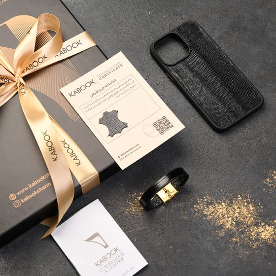 ست قاب موبایل و دستبند زنانه چرم مشکی لیزارد