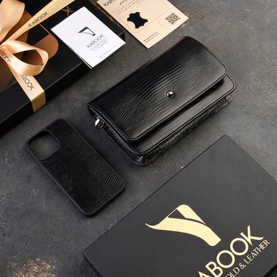 ست قاب موبایل و کیف آمبر زنانه چرم مشکی لیزارد