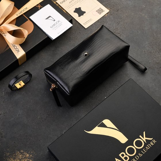 ست دستبند و کیف آرایشی زنانه چرم مشکی لیزارد