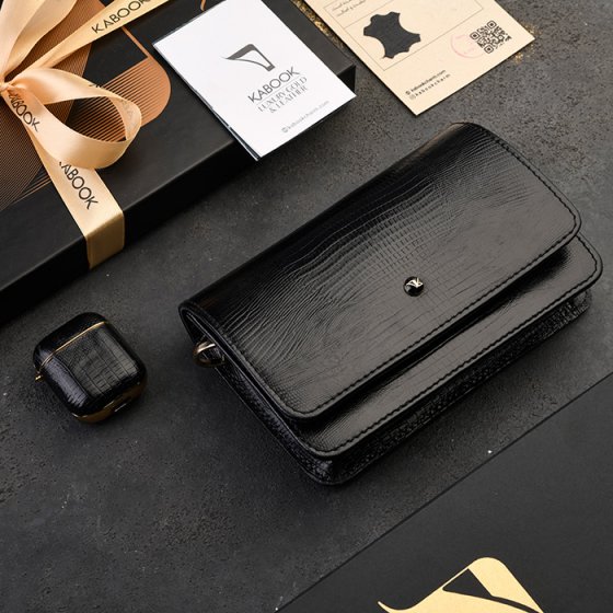 ست ایرپاد و کیف آمبر زنانه چرم مشکی لیزارد