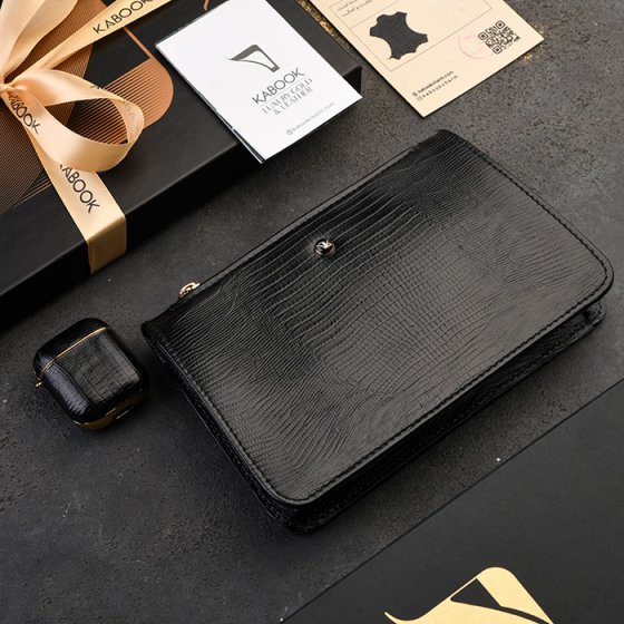 ست ایرپاد و کیف میلانا زنانه چرم مشکی لیزارد