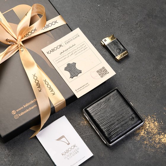 ست فندک و جعبه سیگار چرم مشکی لیزارد