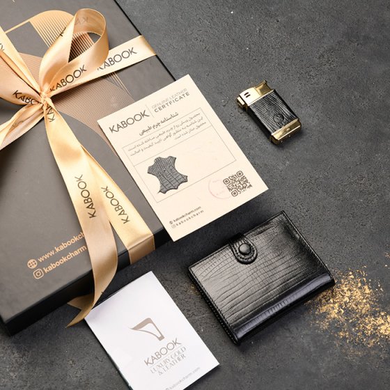 ست فندک و کیف کارت 4لت چرم مشکی لیزارد