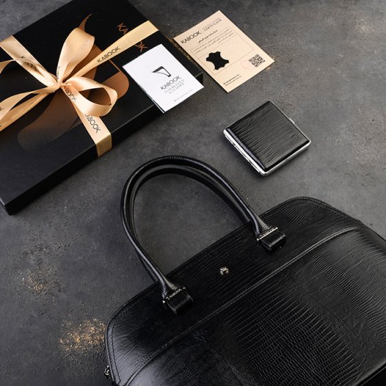 ست جعبه سیگار و کیف دیوید زنانه چرم مشکی لیزارد