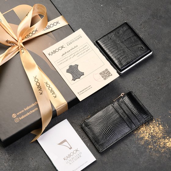 ست کیف کارت زیپی و جعبه سیگار چرم مشکی لیزارد