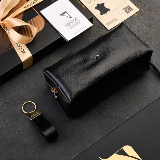 ست کیف آرایشی زنانه و جاکلیدی چرم مشکی لیزارد