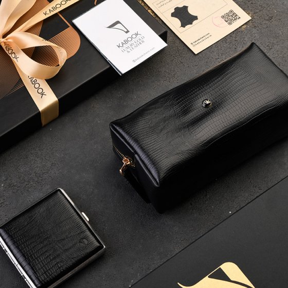 ست کیف آرایشی زنانه و جعبه سیگار چرم مشکی لیزارد