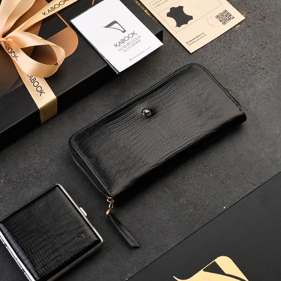 ست کیف پول زنانه و جعبه سیگار چرم مشکی لیزارد