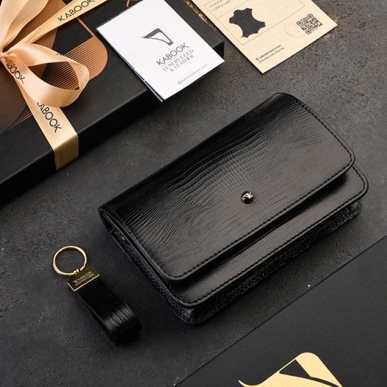 ست کیف آمبر زنانه و جاکلیدی چرم مشکی لیزارد