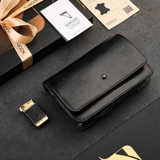 ست کیف آمبر زنانه و فندک چرم مشکی لیزارد