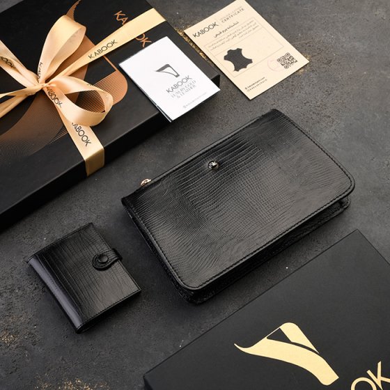 ست کیف میلانا زنانه و کیف کارت 4لت چرم مشکی لیزارد