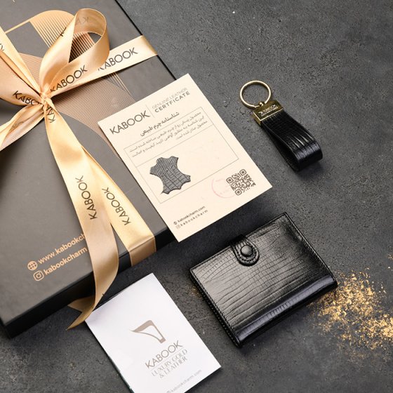 ست کیف کارت 4لت و جاکلیدی چرم مشکی لیزارد