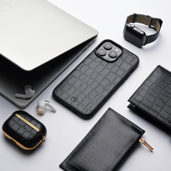 ست قاب موبایل بند اپل واچ قاب ایرپاد چرم مشکی کروکودیل