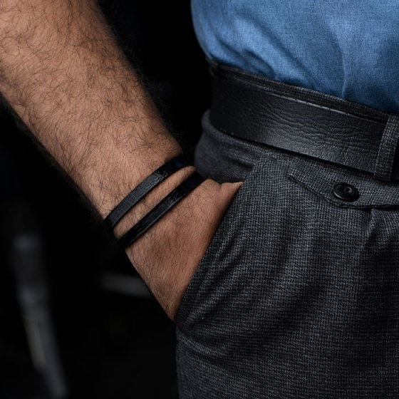 دستبند چرم دو دور لیزارد مشکی